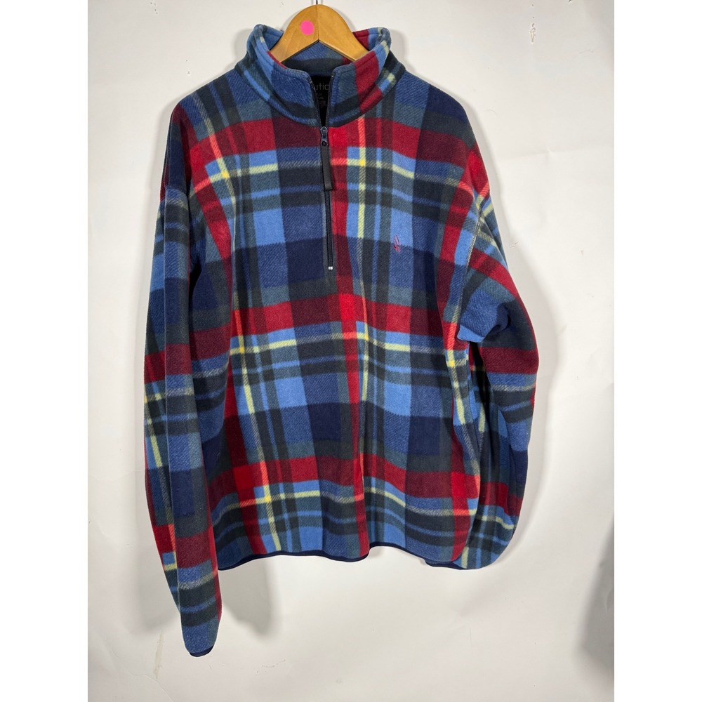 Nautica Mens Plaid Fleece Quarter Zip Pullover Blue Red Large Made in USA